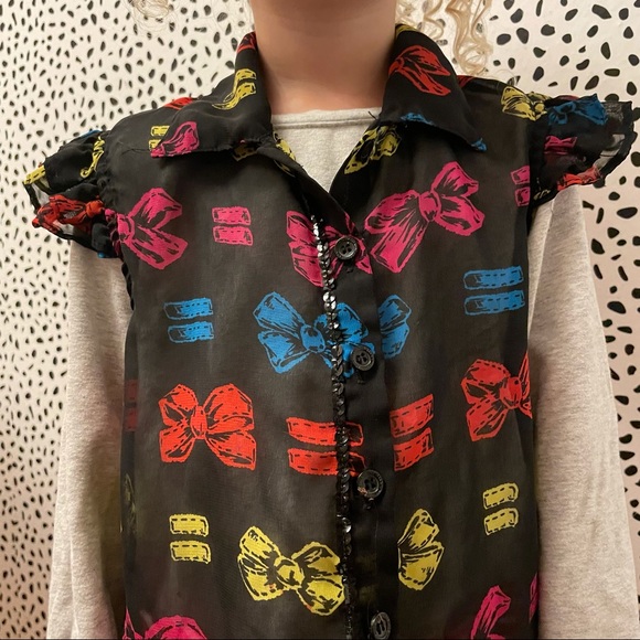 Harajuku Mini Black Primary Color Bow Equality Button Up Collar Sheer Top 4/5 - Picture 11 of 11